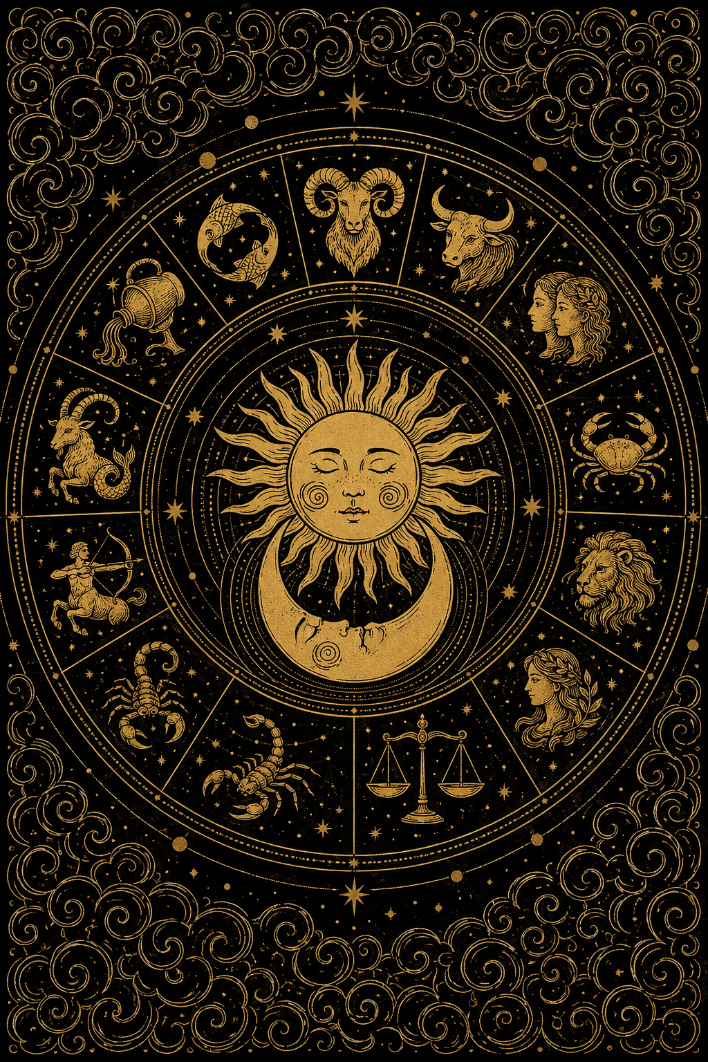 A zodiac wheel of the twelve signs around a sun and moon at its centre, drawn in gold on black.