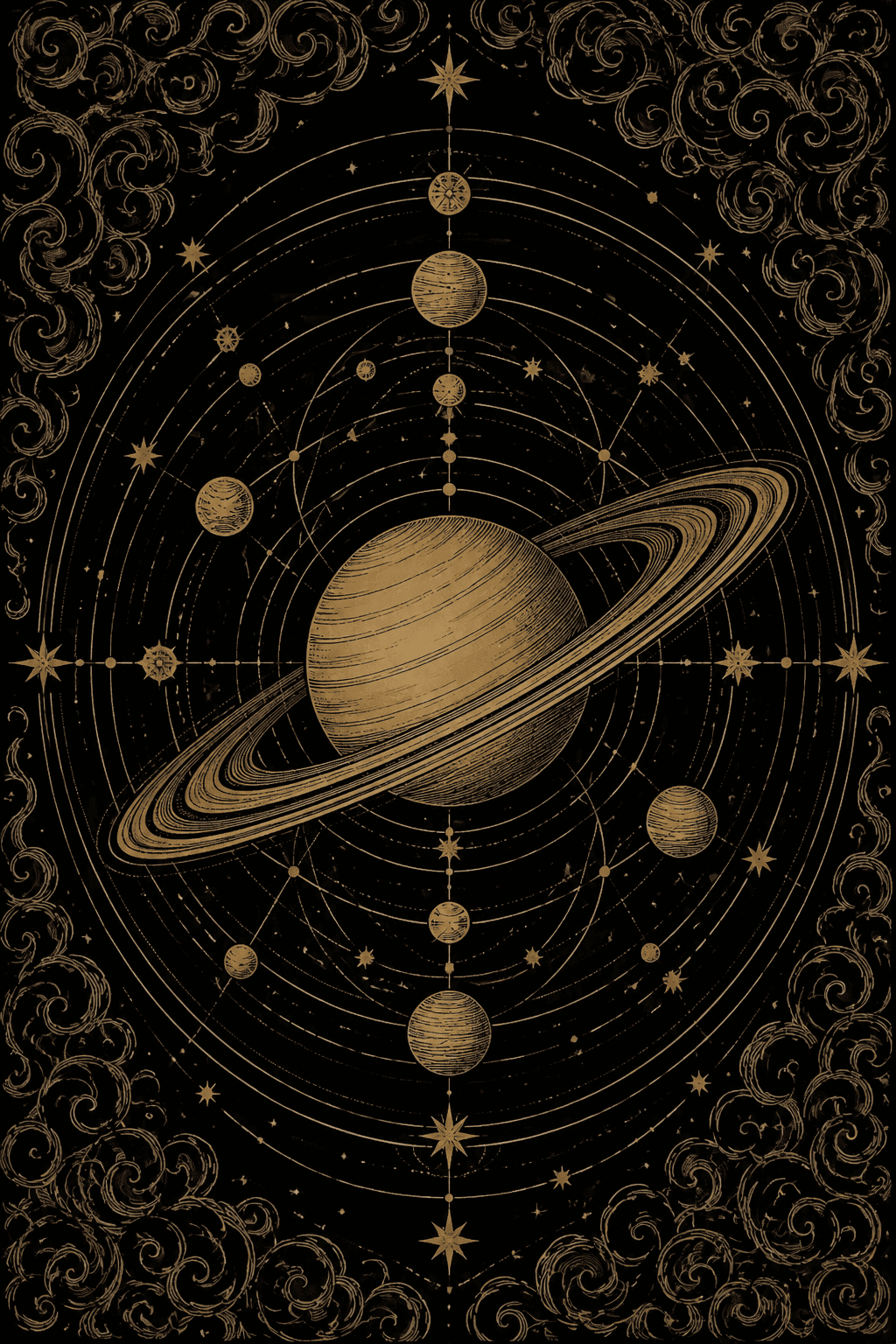 A ringed planet at the centre of many crossing orbital circles, drawn in gold on black.