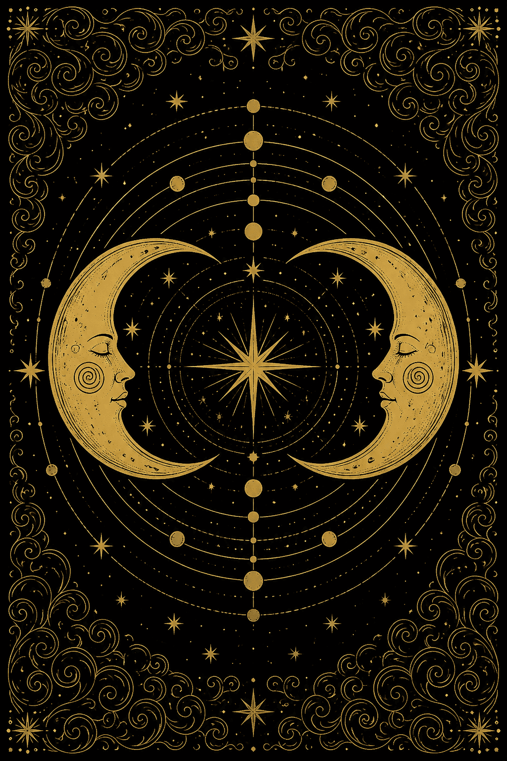 Two crescent moons with sleeping faces turned towards each other across a star, drawn in gold on black.