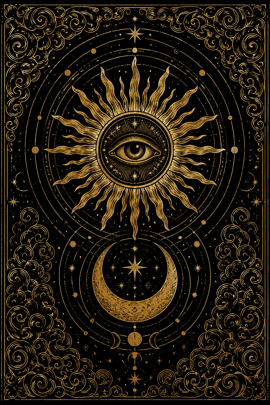 A rayed sun with an open eye at its centre, above a crescent moon, drawn in gold on black.