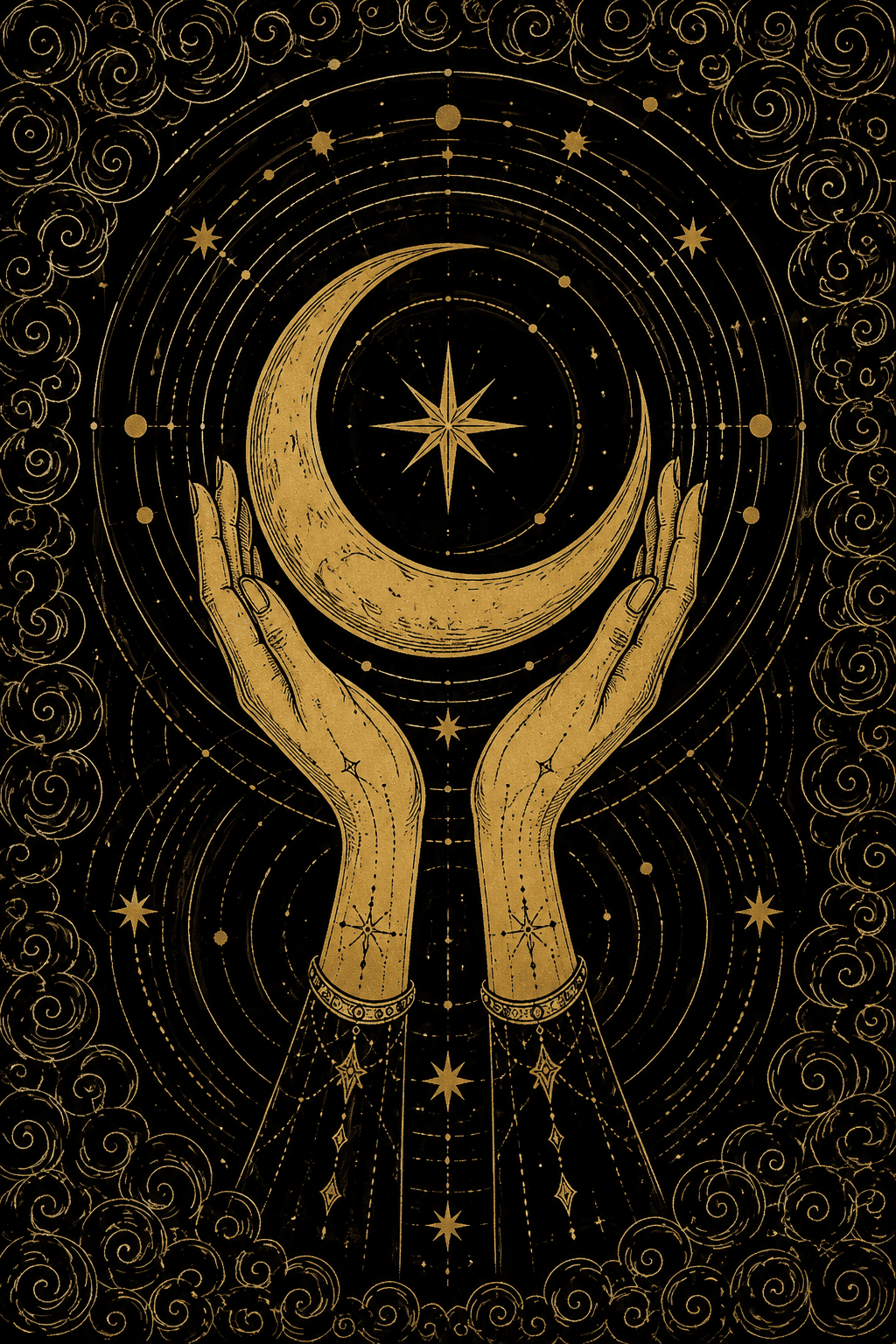 Two open hands raised beneath a crescent moon and an eight-pointed star, drawn in gold on black.