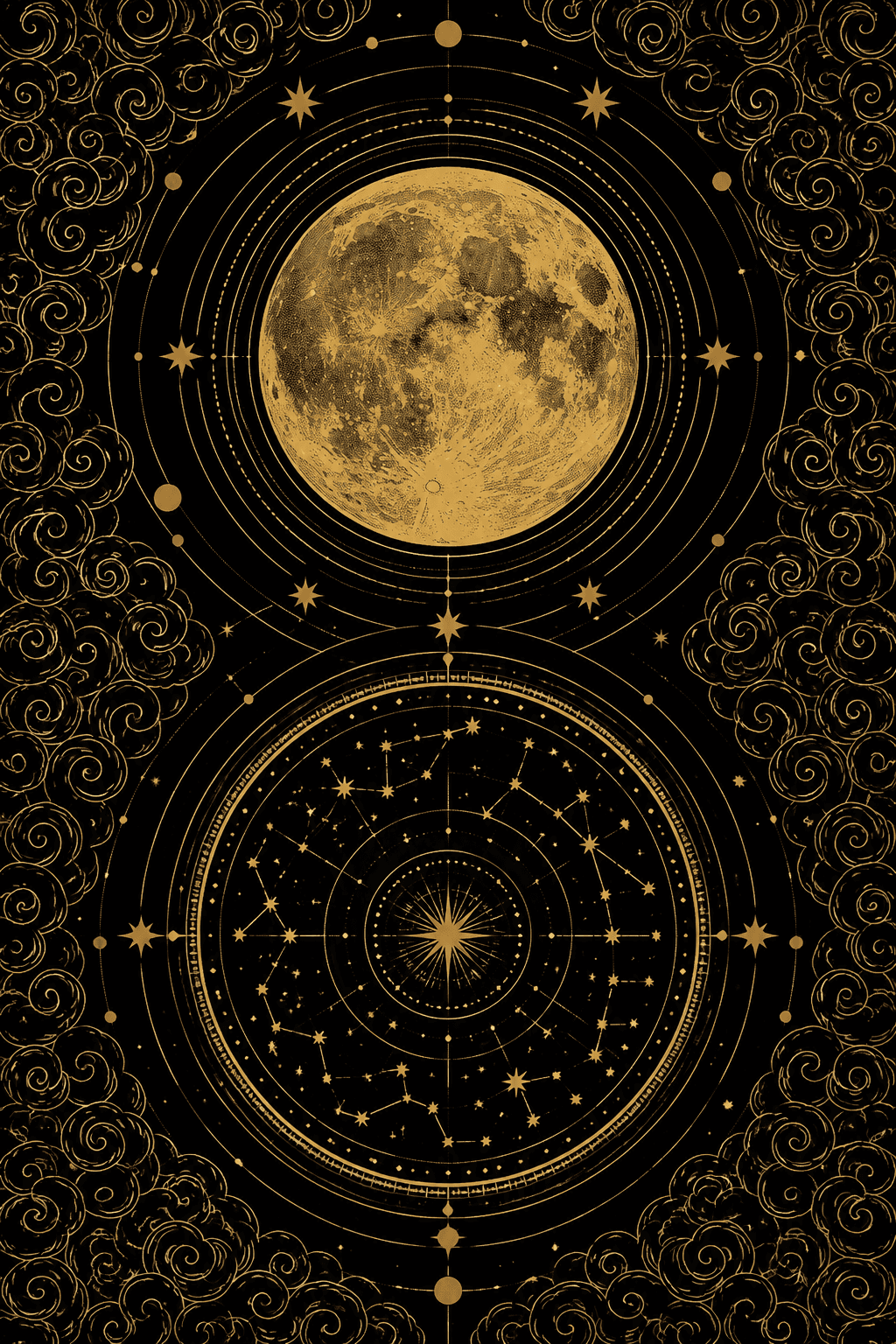 A full moon above a circular star chart of the constellations, drawn in gold on black.