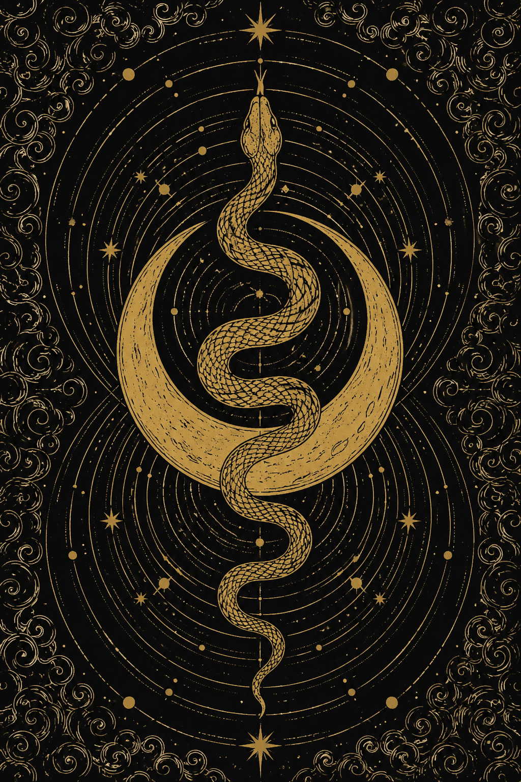 A serpent coiled through a crescent moon, drawn in gold on black.