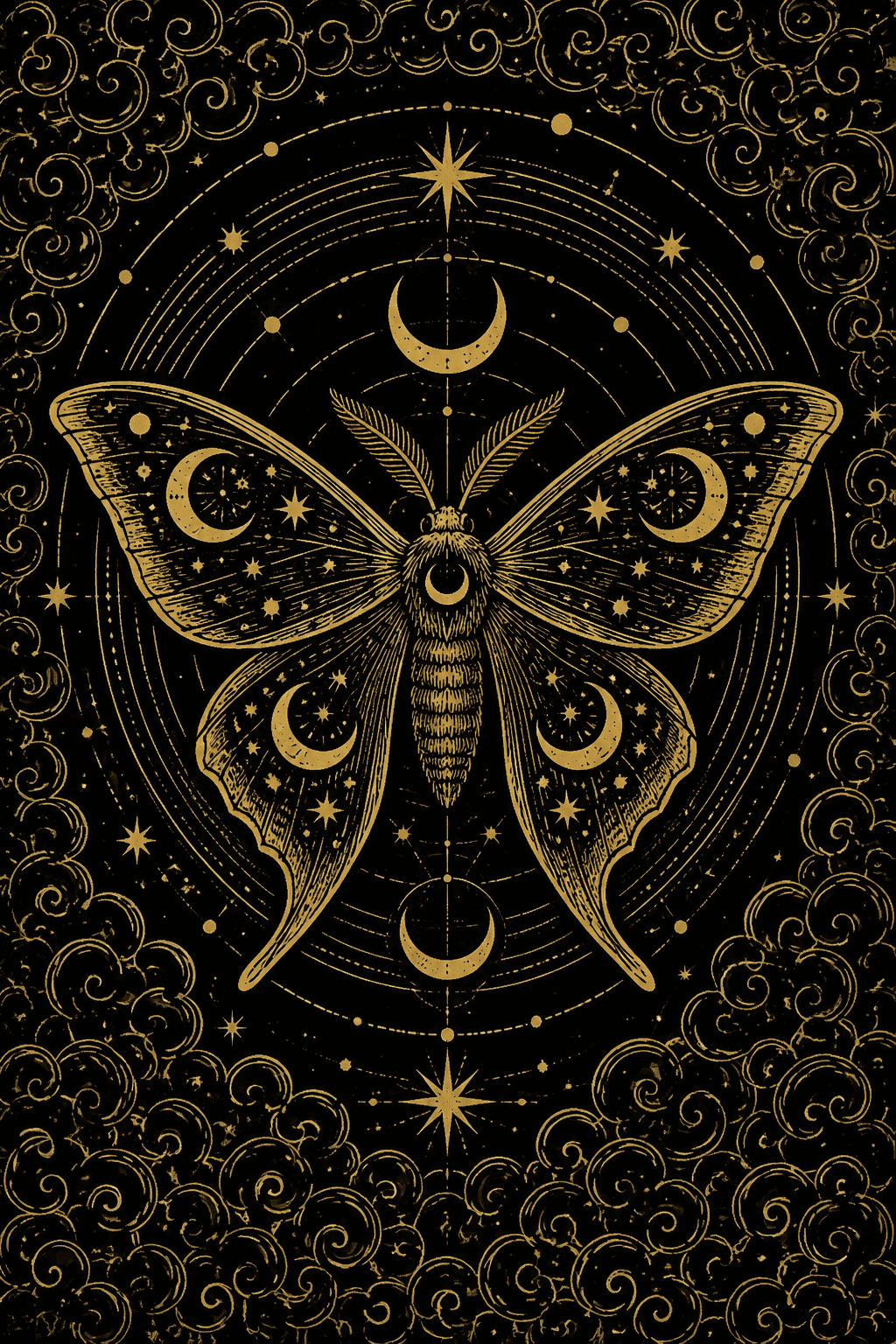 A moth with crescent moons across its wings, ringed by orbits, drawn in gold on black.