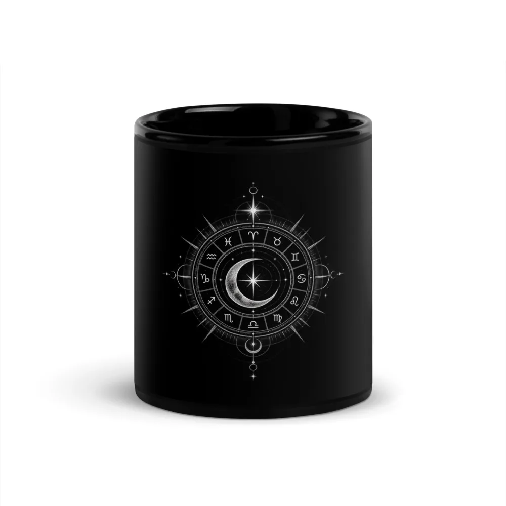 Moonlit Zodiac Wheel - Black Glossy Mug, Black