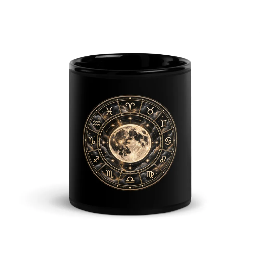 Golden Full Moon Zodiac - Black Glossy Mug, Black